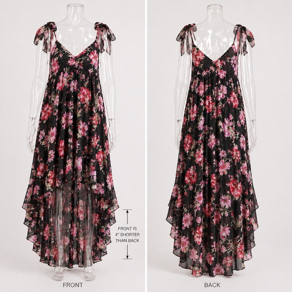Y2K Babydoll Boho Whimsigoth Dark Floral Chiffon Maxi Dress Sz XL Hi Low NWOT